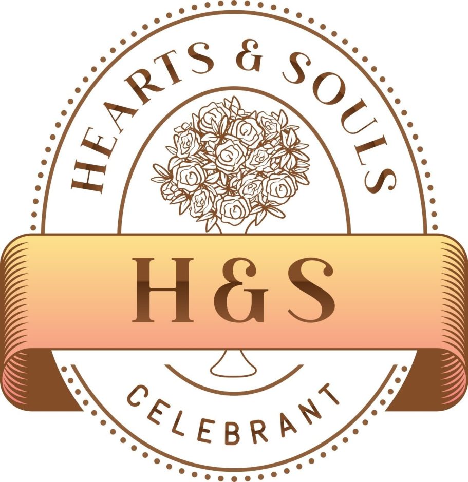 A hearts and souls logo with a vase of flowers and a gold ribbon with H&S across the middle and Hearts & Souls Celebrant around it